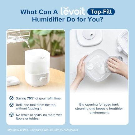 LEVOIT Top Fill Humidifiers for Bedroom, 2.5L Tank for Large Room, Easy to Fill & Clean, 28dB Quiet Cool Mist Air Humidifier for Home Baby Nursery & Plants, Auto Shut-off and BPA-Free for Safety, 25H - Image 4