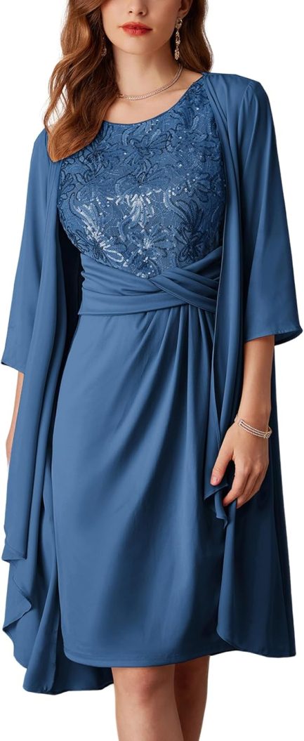 GRACE KARIN Women's Sequin Dress Two Piece Mother of The Bride Dresses with Jacket Lace Formal Wedding Guest Dress - Image 4